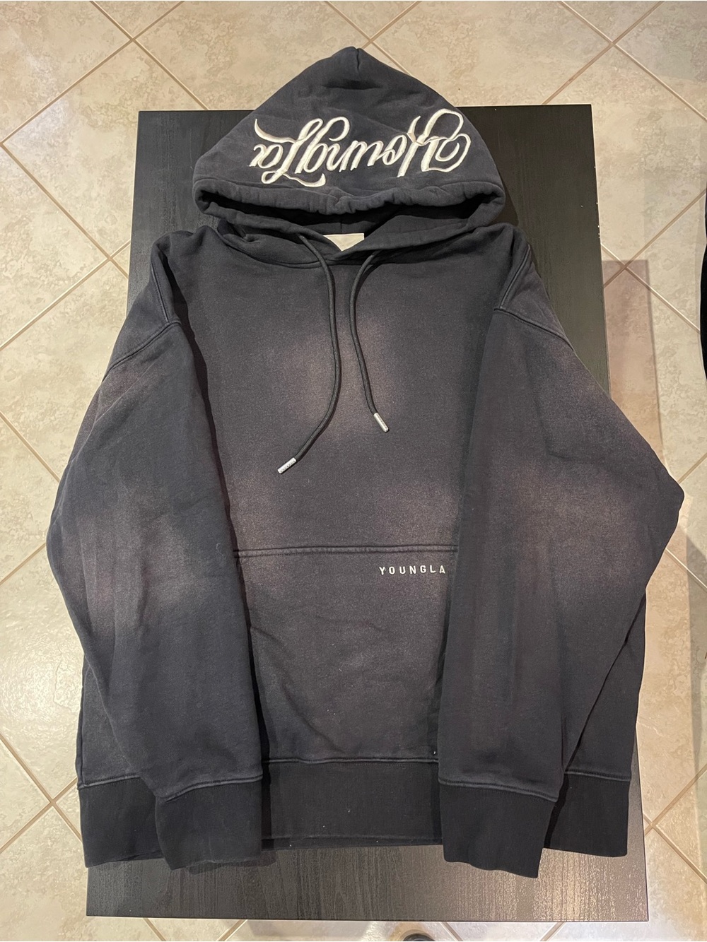 YoungLA Black Pullover Hoodie with Script Hood